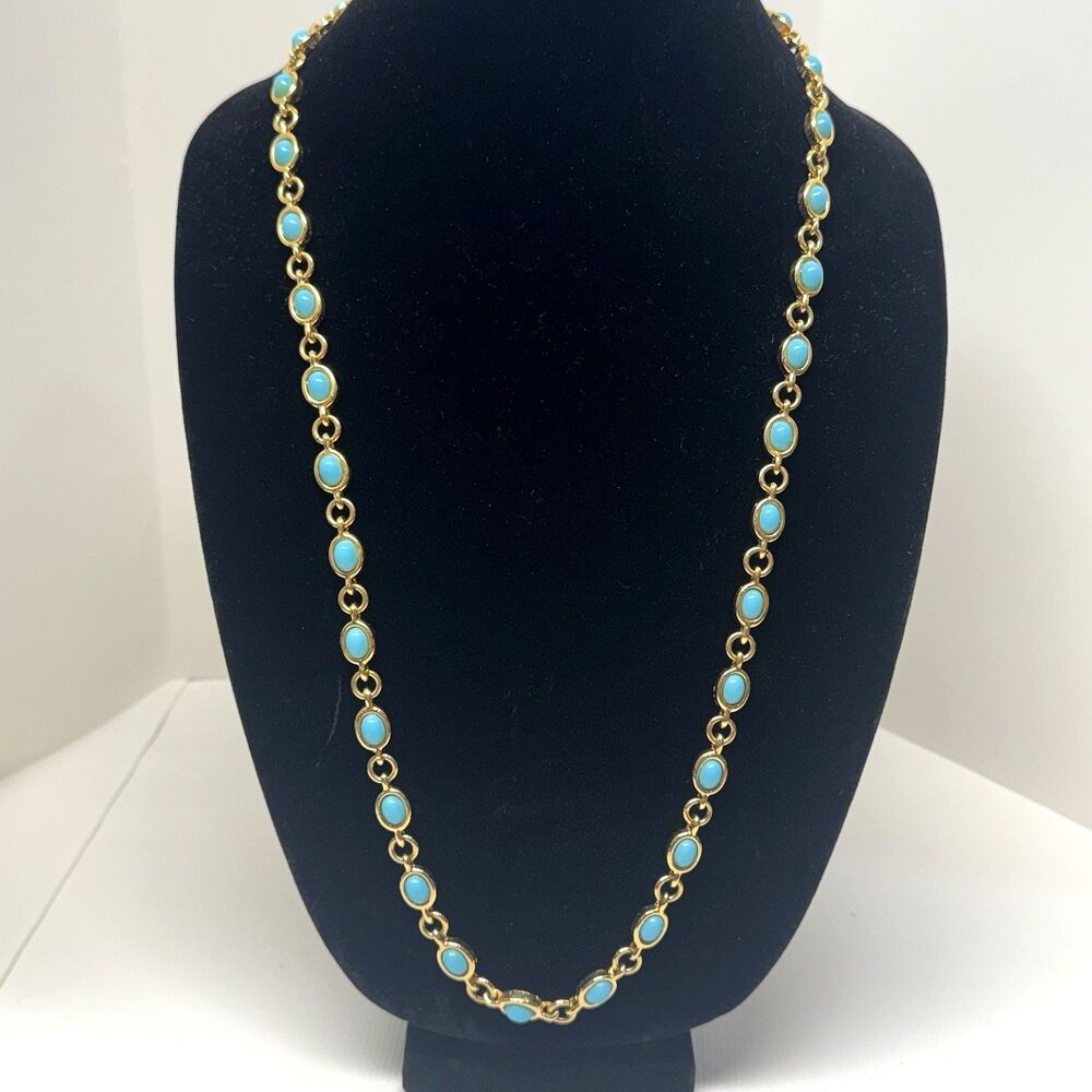30” Necklace Oval Cabochon Gold Tone Turquoise Colored Station Chain 81g